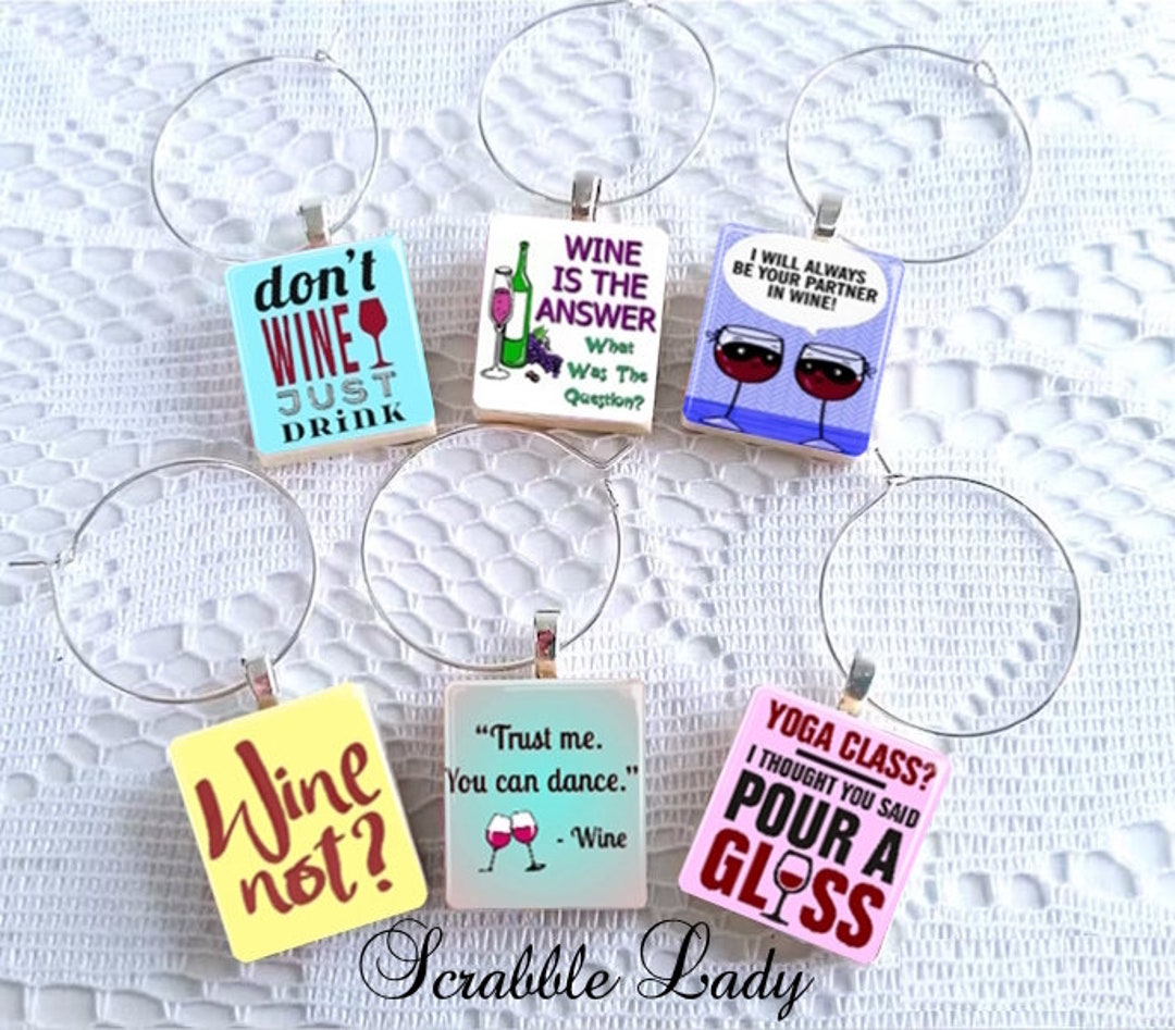Scrabble Tile Wine Charms. Set of 6 Funny Wine Glass Charms. Wine