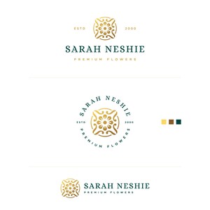 May include: A gold logo with a floral design and the text "SARAH NESHIE PREMIUM FLOWERS" in a dark green font. The logo is surrounded by a circle with the text "ESTD 2000" in a dark green font.