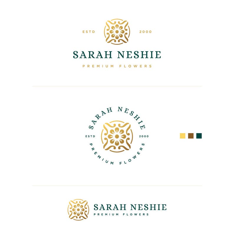 May include: A gold logo with a floral design and the text "SARAH NESHIE PREMIUM FLOWERS" in a dark green font. The logo is surrounded by a circle with the text "ESTD 2000" in a dark green font.