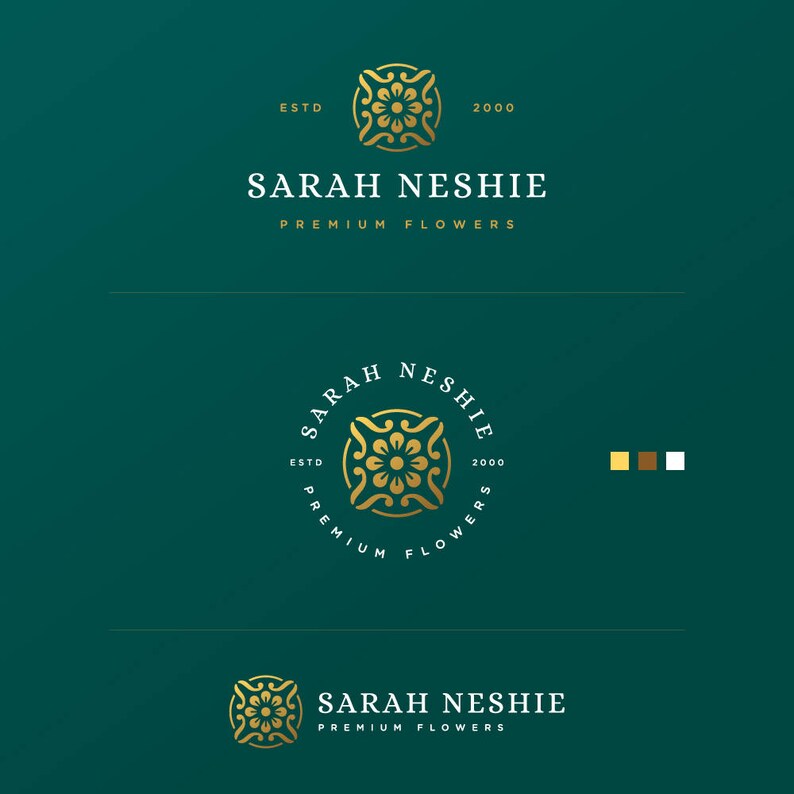 May include: Gold logo design for a flower shop called "Sarah Neshie Premium Flowers" with the text "ESTD 2000" and a stylized floral design.