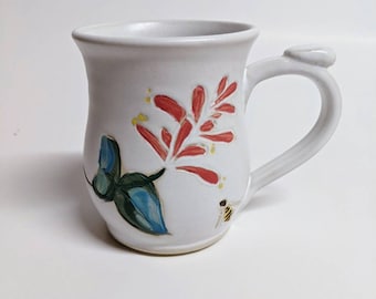 Bee Mug Coral Honeysuckle White Stoneware Handmade Ceramic