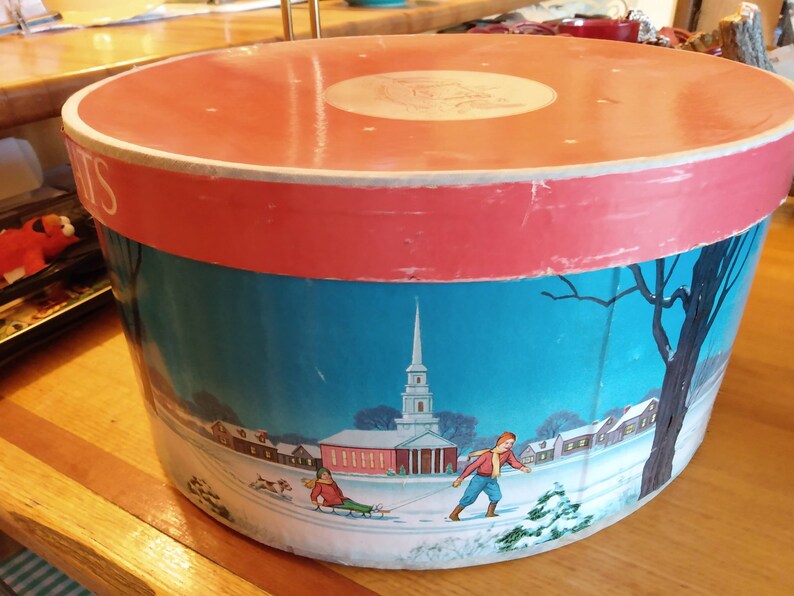 Vintage Stetson Cardboard Hat Box Holiday Winter Scene Oval Full Size