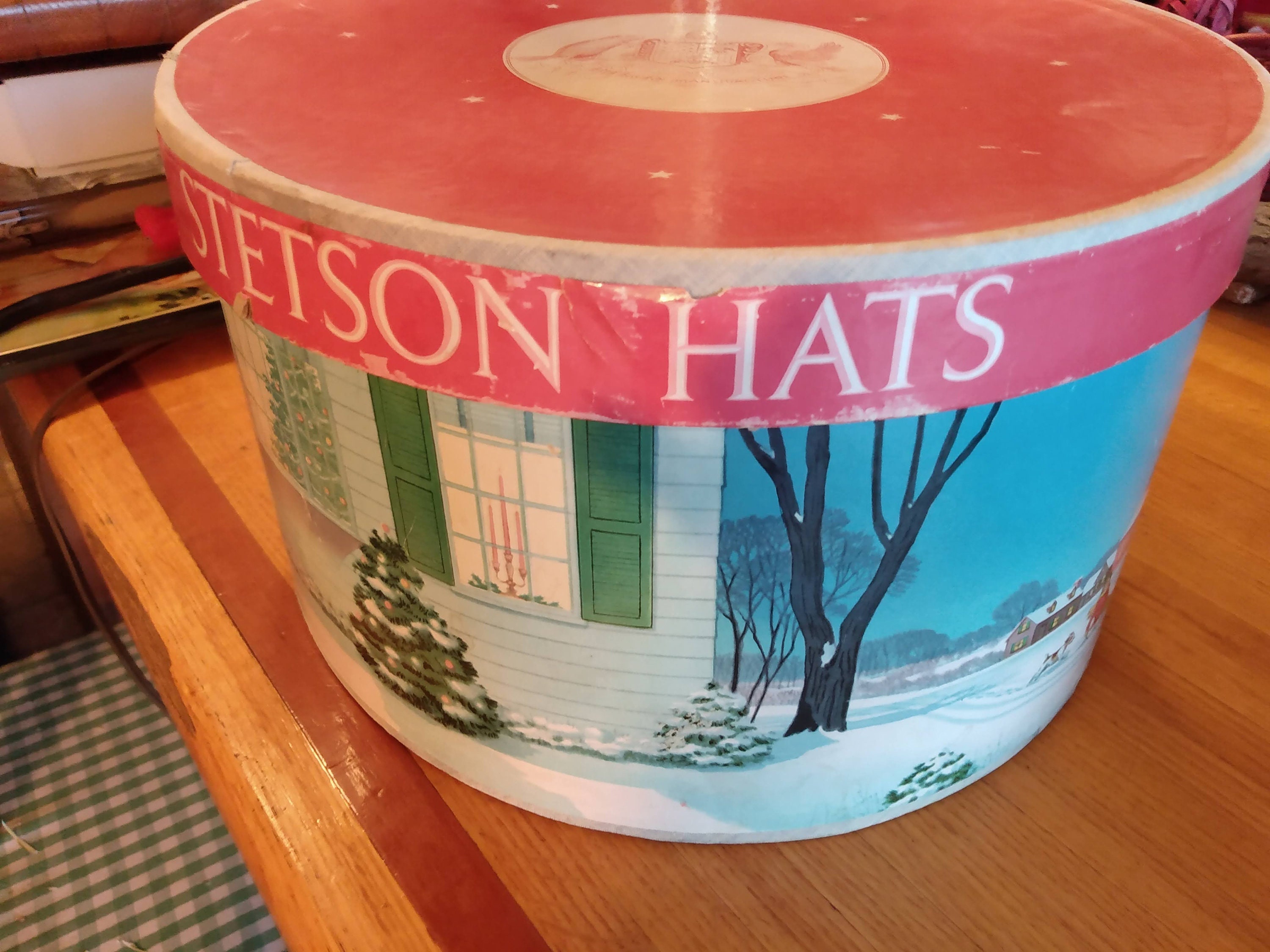 Vintage Stetson Cardboard Hat Box Holiday Winter Scene Oval Full Size