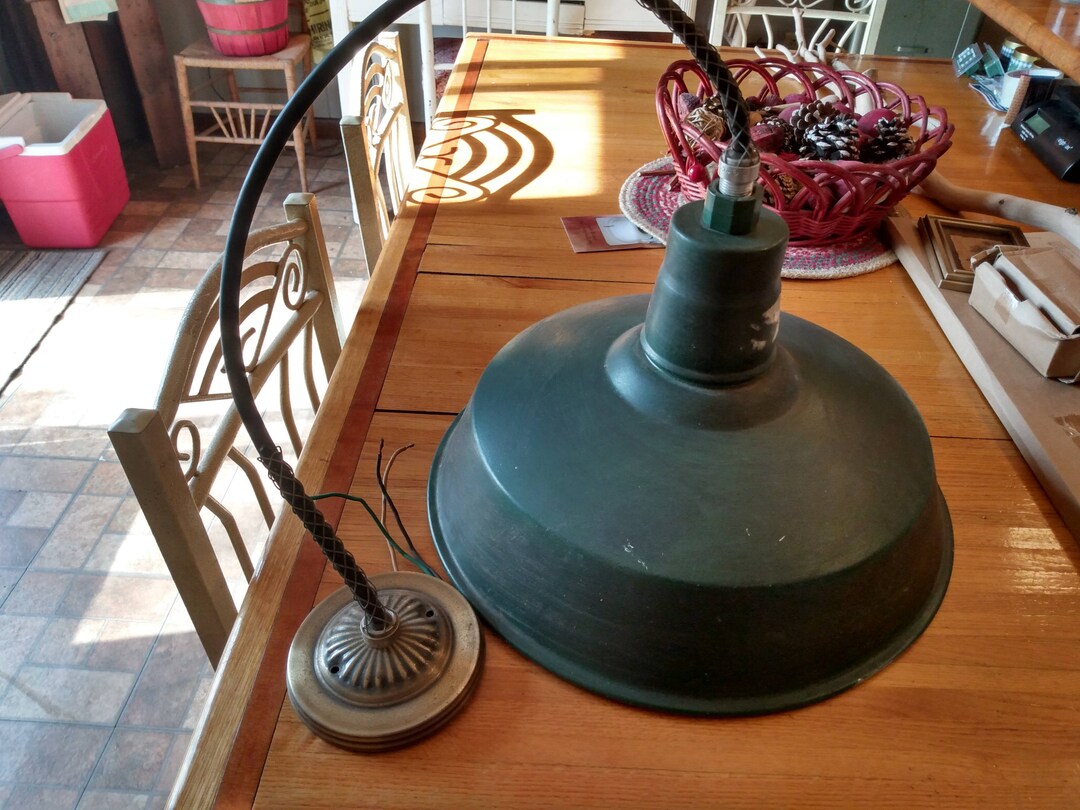 Image showcasing Vintage Green Metal Barn Factory Industrial Hanging Ceiling Pendant ...
