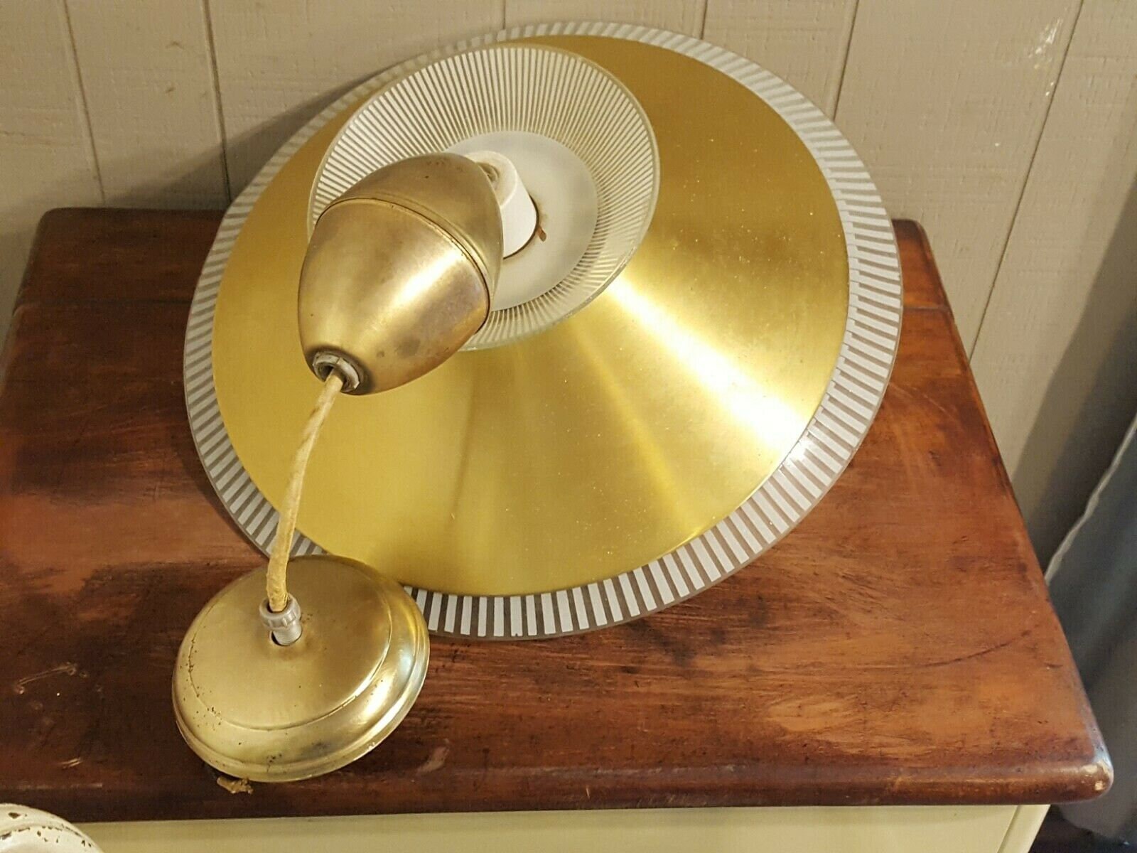Vintage Mid Century Atomic Saucer Pull Down Retractable Ceiling Light Fixture