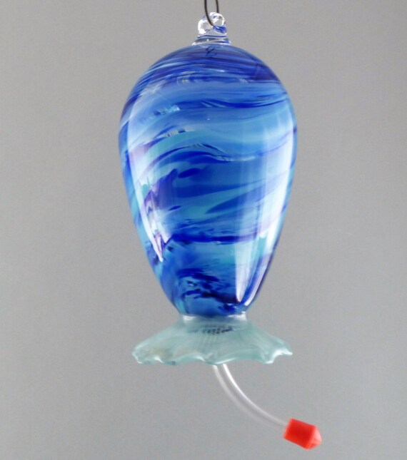 Blue Glass Hummingbird Feeder With Blue Flower Etsy