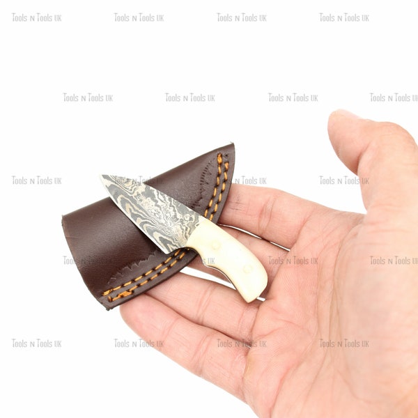 23- B Mini Knife Damascus Steel Hunting Skinner Miniature Pocket/ Neck Tiny Knife With Leather Sheath