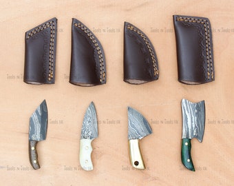 23 4 Piece Set Mini Knife Damascus Steel Hunting Skinners Miniature Pocket/ Neck Tiny Knifes With Leather Sheath