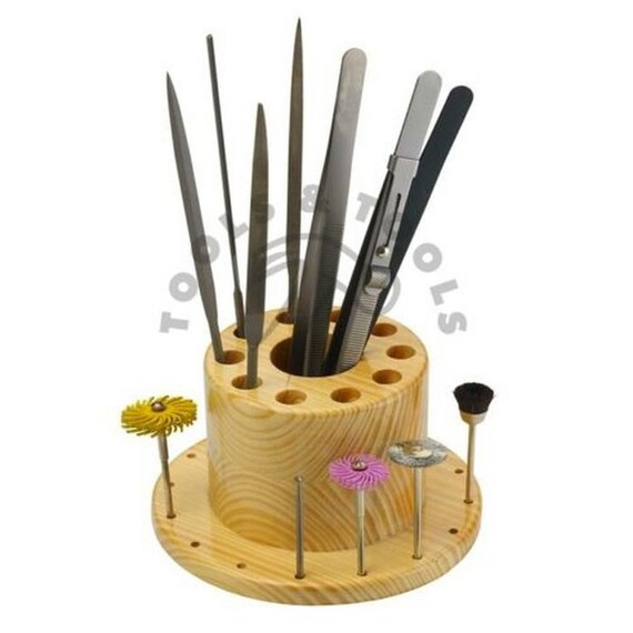 27 Holes Wooden Bur Files Saw Blades Tweezers Organizer Bench Top Hard Wood Tool