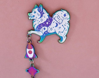 Space Spitz Pomeranian Rainbow Enamel Pin With Charm