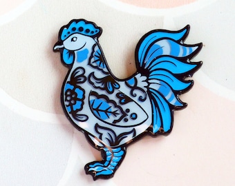 Blue Rooster Chicken Porcelain Zodiac Enamel Pin