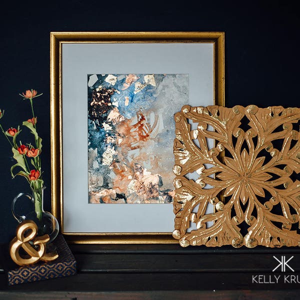 The work of your fingers // Original abstract painting, acrylic ink, copper leaf, and gold leaf. Copper, rose gold, blue, periwinkle, navy.