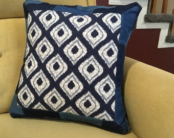 Blue Ikat Denim Throw Pillow Cover