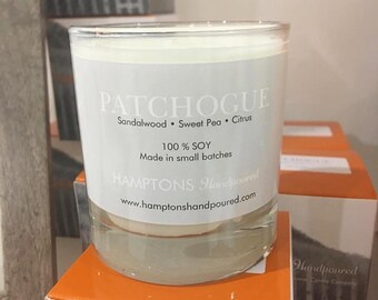 PATCHOGUE 8 oz Tumbler Sandalwood Sweet Pea Citrus HAMPTONS Handversé Signature Village Series 100% SOY Candle Hand Versé