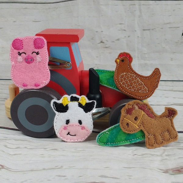 Farm Animal Hair Clip Set - Cow - Chicken - Pig - Horse - Snap Clips