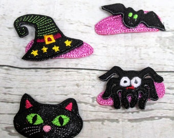 Halloween Hair Clip Set - Black Cat - Bat - Witches Hat - Spider