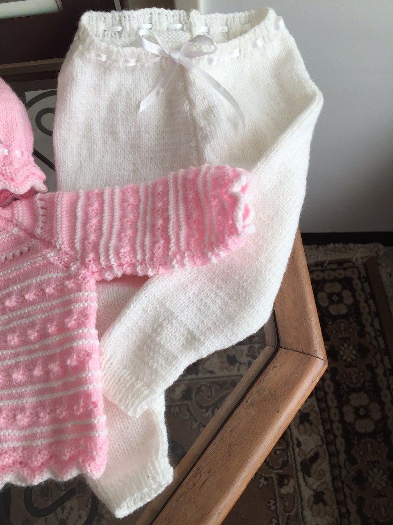 leggings Hand knitted baby set with sweatercardigan booties and hat