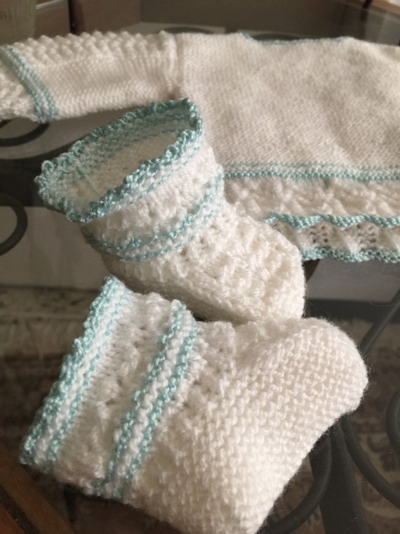 Hand Knitted Baby Set With Sweater/cardigan and Booties -  Canada