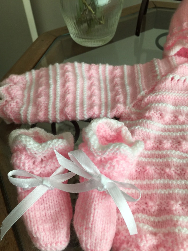 leggings booties and hat Hand knitted baby set with sweatercardigan