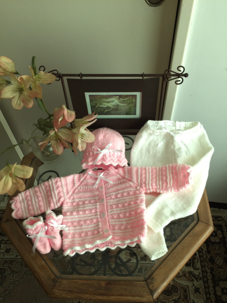 leggings Hand knitted baby set with sweatercardigan booties and hat