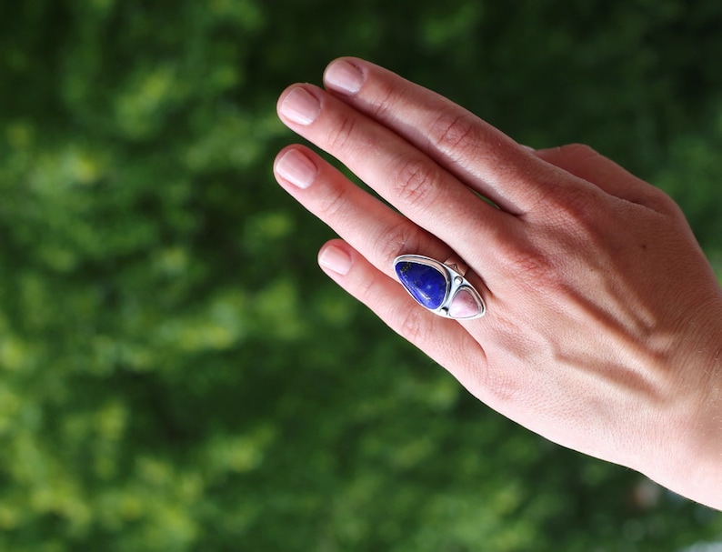 Lazurite And Rhodochrosite Silver Ring Handcrafted Lapis Lazuli And Rhodochrosite Ring Blue And Rose Stone In Silver