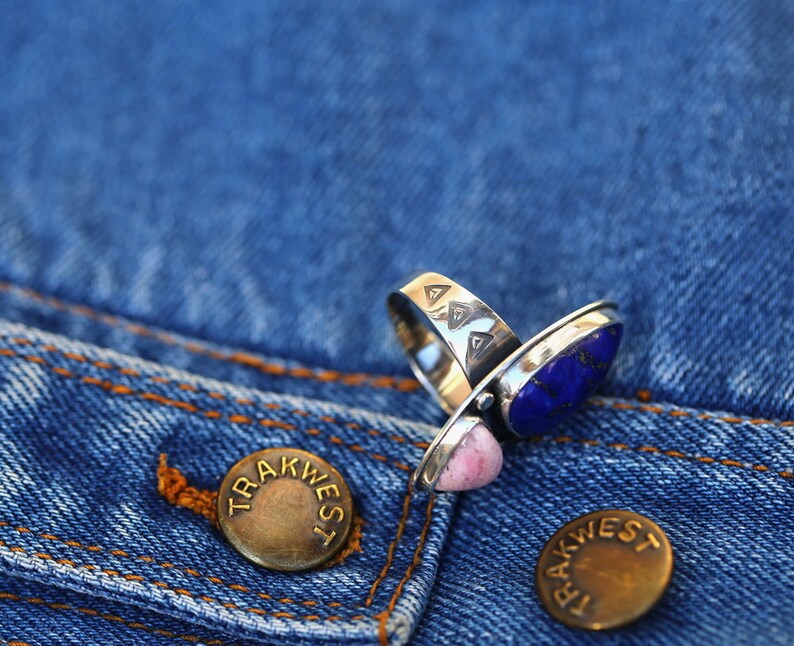 Lazurite And Rhodochrosite Silver Ring Handcrafted Lapis Lazuli And Rhodochrosite Ring Blue And Rose Stone In Silver