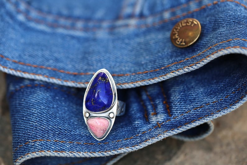 Lazurite And Rhodochrosite Silver Ring Handcrafted Lapis Lazuli And Rhodochrosite Ring Blue And Rose Stone In Silver