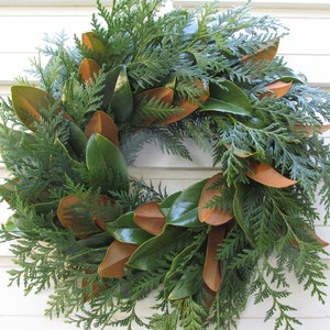 Fresh Christmas Wreath Green and Russet Magnolia Leaf with Cedar  Large 20" + Size Natural Floral Greenery, Holiday Wreath, Home Decor