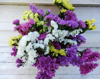 Puede incluir: Un vibrante ramo de flores de statice secas que presenta un denso racimo de pequeñas flores papiráceas en tonos amarillo brillante, morado intenso, magenta y blanco nítido, dispuestas en una forma redonda y completa con tallos verdes.