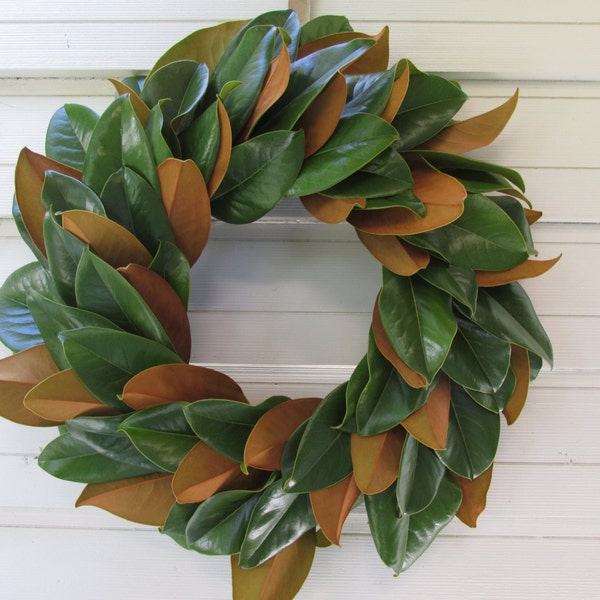 Magnolia Leaf Wreath Large 20" Size Fresh to Dry, Green + Russet Natural Floral Wedding, Holiday, Craft or Home Decorating, Fall Woodland