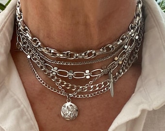 【mnem】silver) layered necklace Silver Multi Chain Layered Necklace | maurices