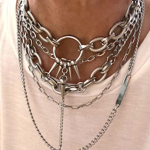 Chunky textured cable chain layer necklace with O ring and spike pendant in stainless steel for women - Punk style multistrands necklace