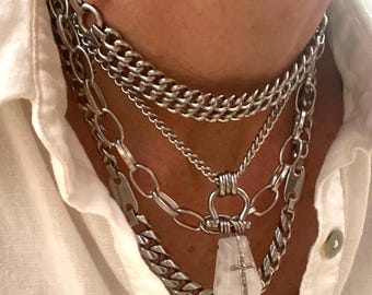 Layered chunky silver necklace with big clear quartz pendant in stainless steel for women