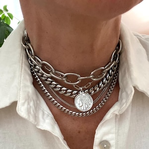 Chunky layered silver necklace with coin pendant in shiny stainless steel for women - big cable chain and coin pendant non tarnish necklace