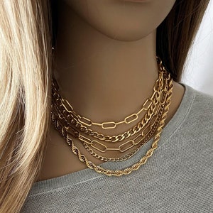 Layer golden chain necklace - chunky paperclip and rope chain necklace - ion golden plated stainless steel multi strands statement necklace