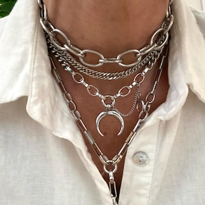 Flerskiktat lariathalsband med silverfärgad halvmåne i försilvrat rostfritt stål för kvinnor - Y-format halsband med halvmåne
