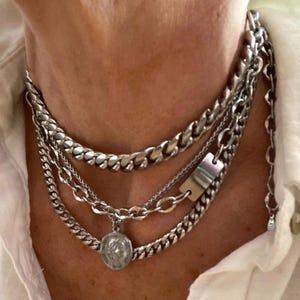 Chunky layered necklace for women in stainless steel - curb chain and coin pendant chunky statement necklace - non tarnish necklace