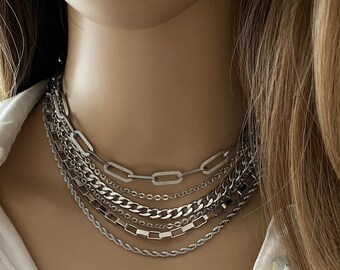 Multi layer steel necklace for women- box and paperclip chain layered silver necklace - hypoallergenic and non tarnish steel necklace