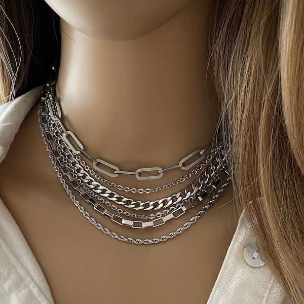 Multi layer steel necklace for women- box and paperclip chain layered silver necklace - hypoallergenic and non tarnish steel necklace