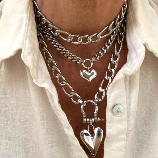 Collana spessa a strati in argento con ciondolo a cuore e ferro di cavallo in acciaio inossidabile per donna - Collana Figaro a 3 fili spessa