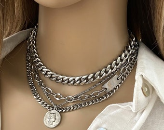 Chunky multi layer necklace for women in stainless steel - curb chain and coin pendant chunky statement necklace hypoallergenic non tarnish