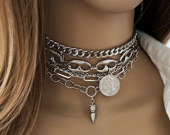 Silver layer choker necklace with snake pendant for women - multi strands chain choker with mixed chains - Layered silver punk rock necklace
