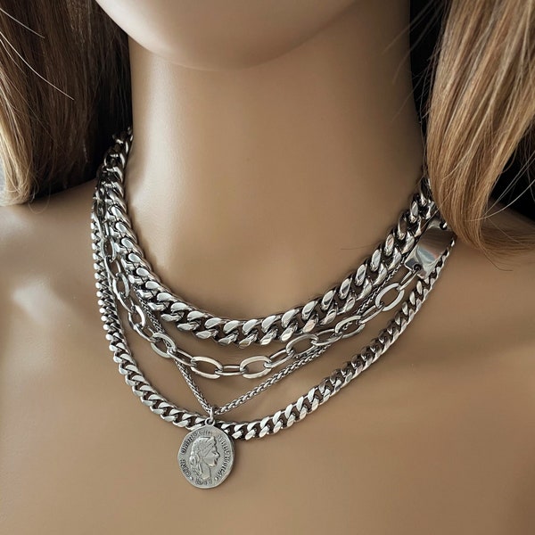 Chunky multi layer necklace for women in stainless steel - curb chain and coin pendant chunky statement necklace hypoallergenic non tarnish