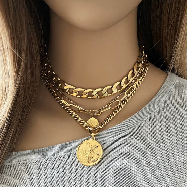 Multi strands gold chain necklace for women - golden layer stainless steel mixed chains necklace - multi layer chain choker with pendants