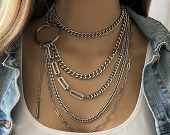 Layered steel necklace with O ring for women - punk gothic adjustable stainless steel multi strands chain necklace - long chain necklace