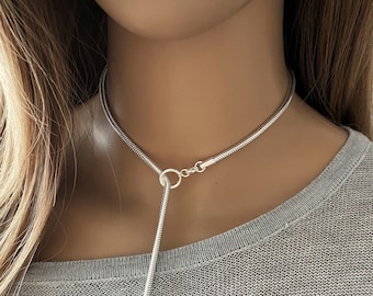 Sliding silver chain necklace for women - stick pendant lariat snake chain necklace - adjustable by the neck bright silver chain necklace