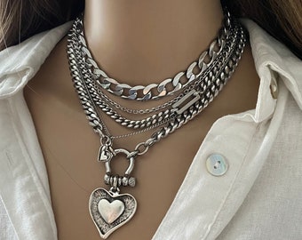 Chunky multi layer silver necklace for women in stainless steel with antique silver zamak heart pendants - wide chain layer silver necklace