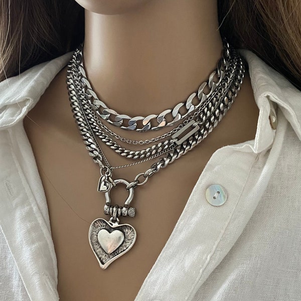 Chunky multi layer silver necklace for women in stainless steel with antique silver zamak heart pendants - wide chain layer silver necklace