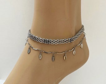 Bracelet de cheville en acier inoxydable à breloques - chevillière double rangs de style bohème de chaîne à maillons plat anti ternissement