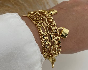 Gold padlock multi layer bracelet for women - padlock key and heart charms multi strands golden bracelet in long lasting 18k gold plating